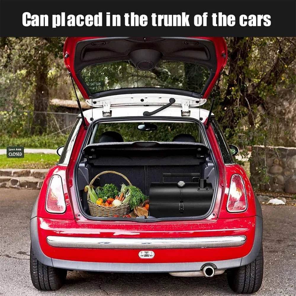 Compact charcoal outdoor grill designed for easy transport in car trunks