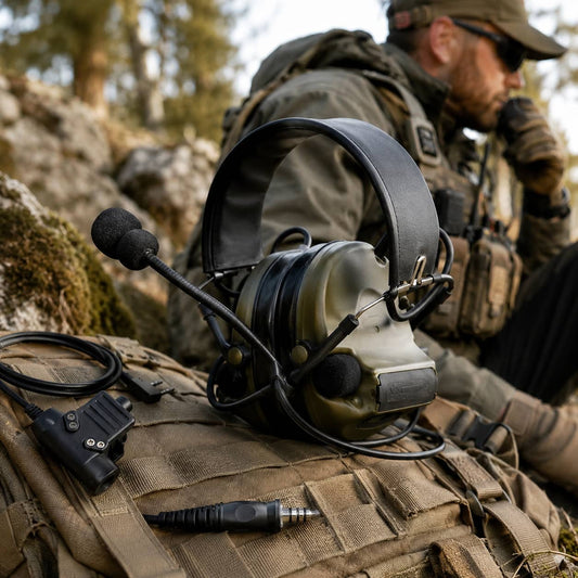 Outdoor communication headset with COMTAC II-style design, boom microphone, and noise reduction