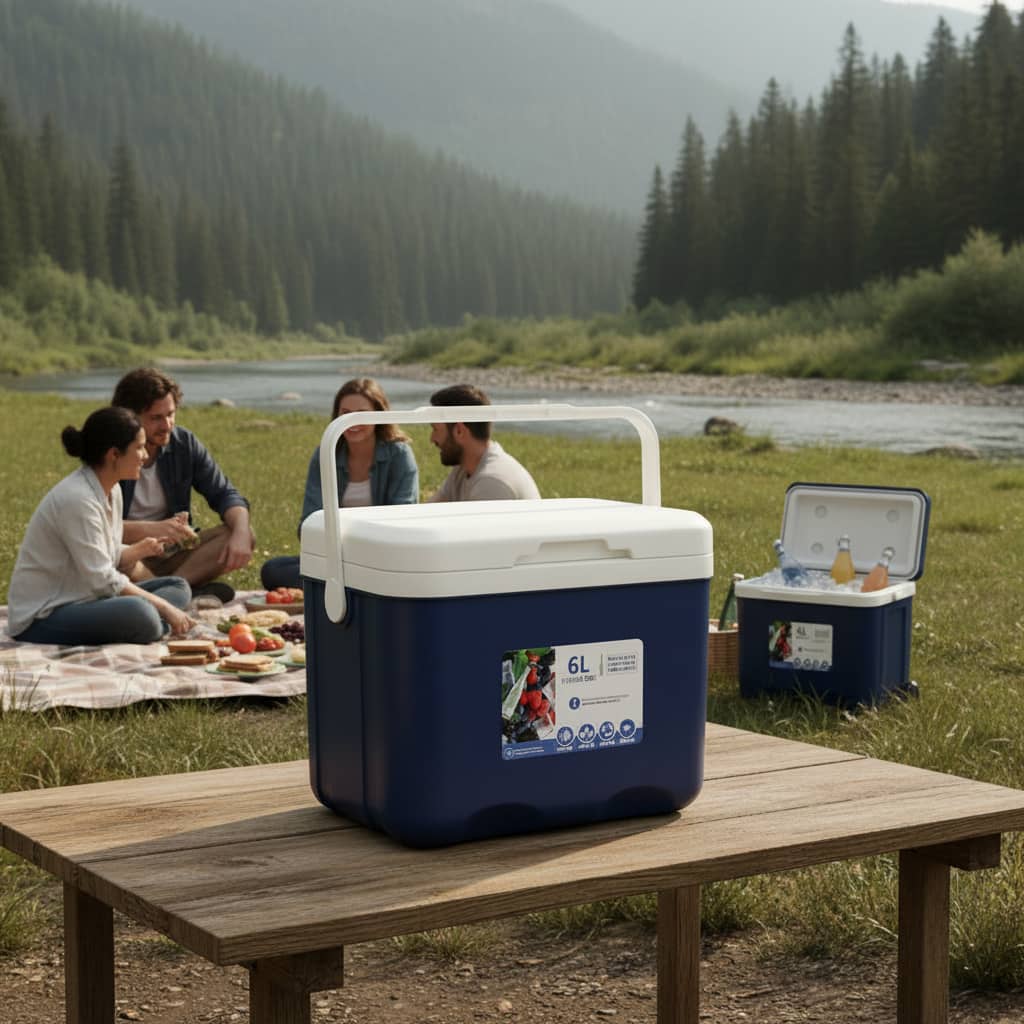 Navy cooler box for outdoor picnics and beverage storage