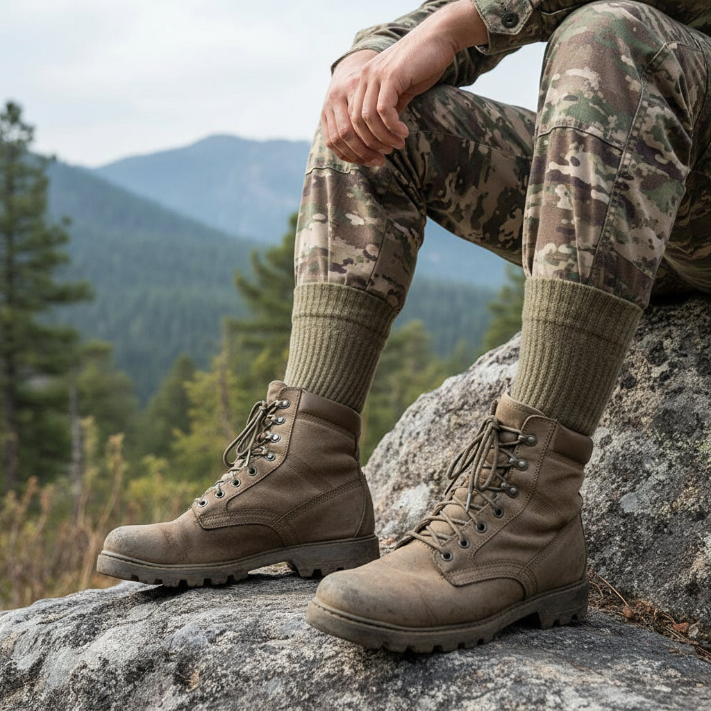 Military green outdoor crew socks designed for comfort during outdoor activities