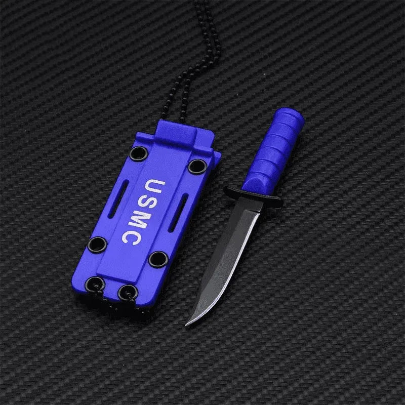 Mini survival knife with a sleek design, blue handle, and protective case, ideal for outdoor adventures- Military-Outdoors.com