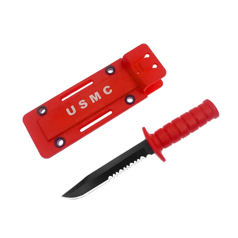 Mini survival knife with a sleek design, red handle, and protective case, ideal for outdoor adventures- Military-Outdoors.com