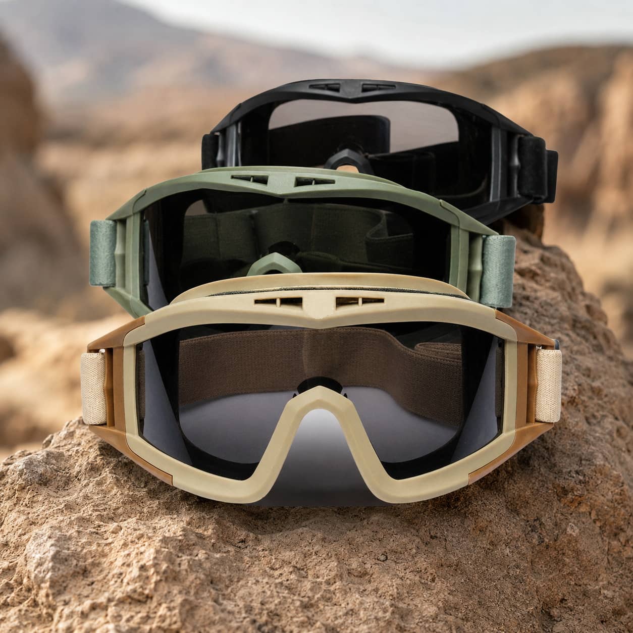 Military-Outdoors outdoor eyewear tactical goggles in black, green, and tan for optimal visibility