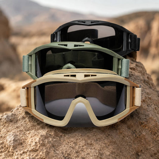 Military-Outdoors outdoor eyewear tactical goggles in black, green, and tan for optimal visibility