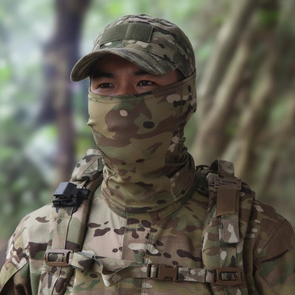 Camouflage outdoor face mask for tactical use in military settings