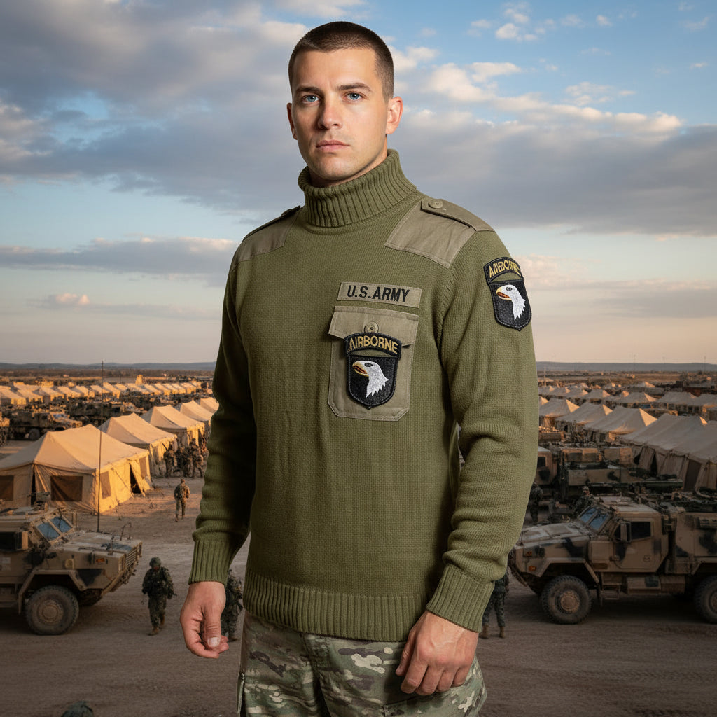 Military green outdoor fleece sweater with U.S. Army patches for rugged outdoor use