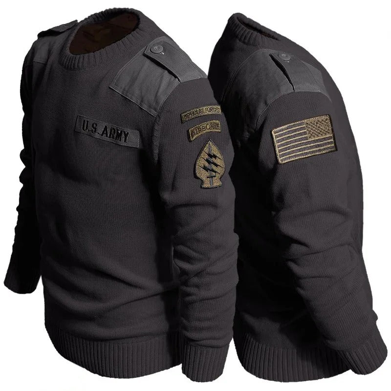 Black outdoor fleece sweater with U.S. Army patches for rugged outdoor activities