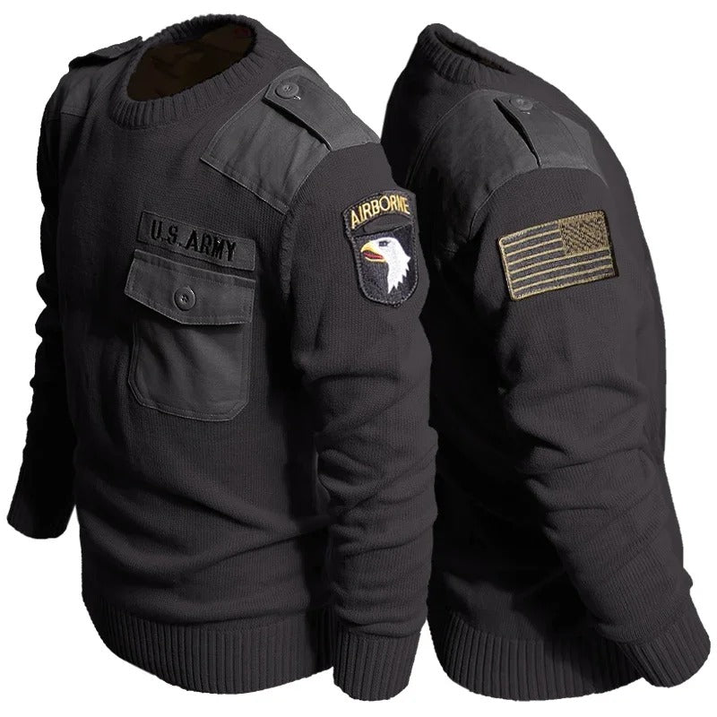 Black outdoor fleece sweater with military patches for warmth