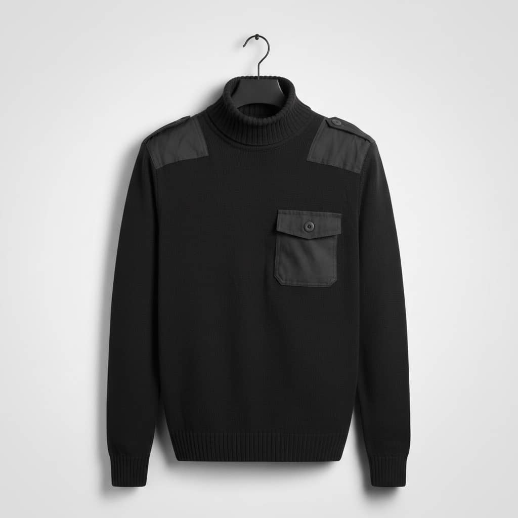 Black outdoor fleece sweater with shoulder patches and front pocket for warmth