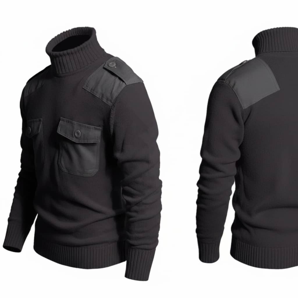 Black outdoor fleece sweater with shoulder patches for cold weather adventures