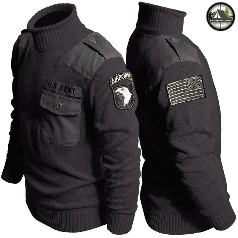 Black Outdoor Fleece Sweater with Patches and Warm Design