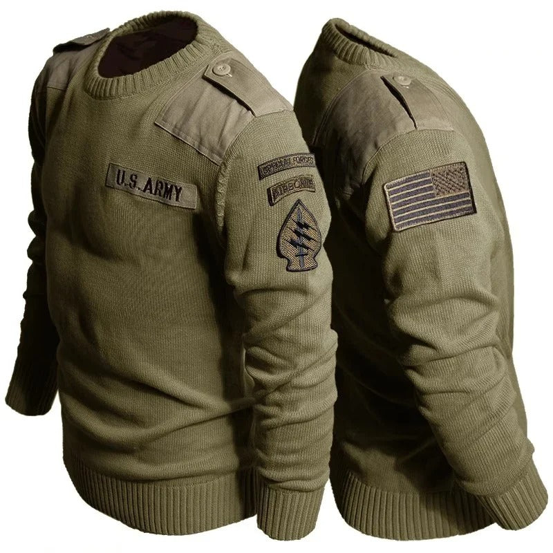 Olive Green Outdoor Fleece Sweater with U.S. Army Patches for Cold Weather