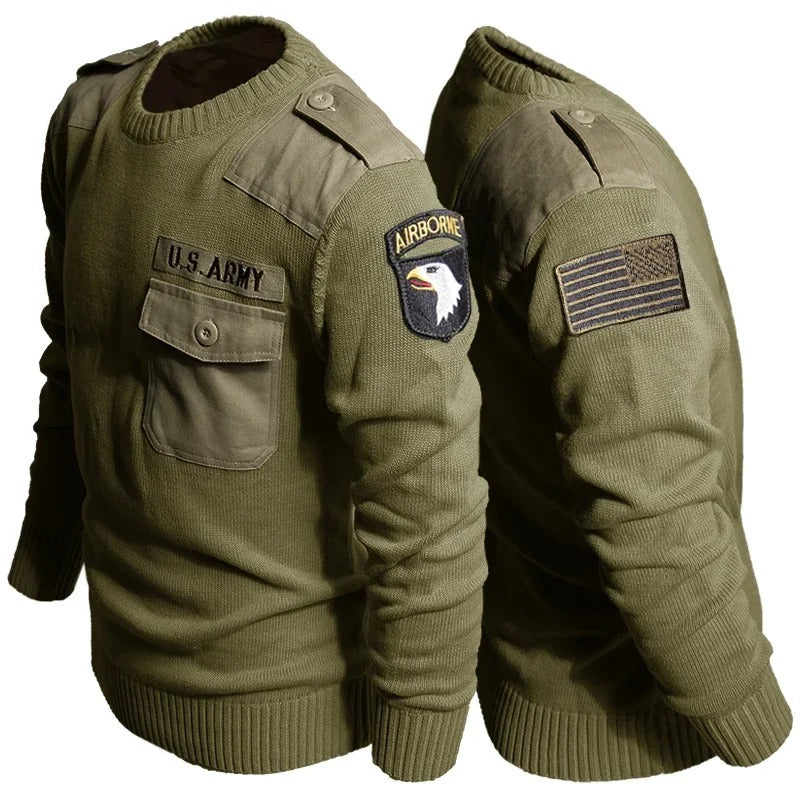 Olive Green Outdoor Fleece Sweater with Military Patches and Pockets
