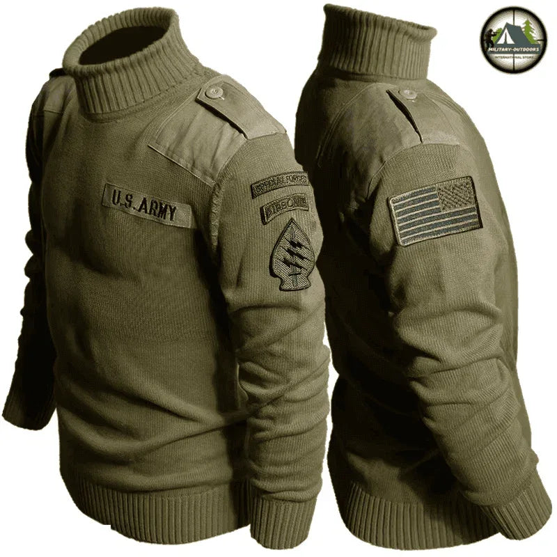 Outdoor fleece sweater in olive green with army patches and high collar.