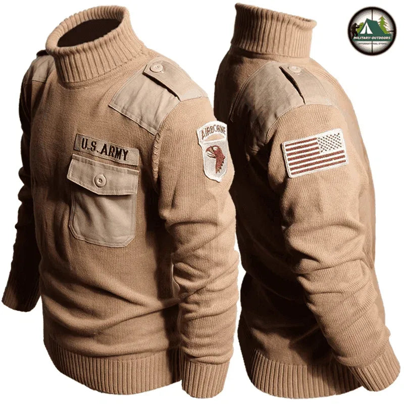 Tan outdoor fleece sweater with military patches and high neck for warmth