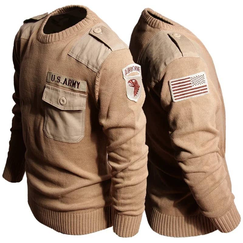 Outdoor Fleece Sweater in Tan with U.S. Army Patches for Cold Weather Wear