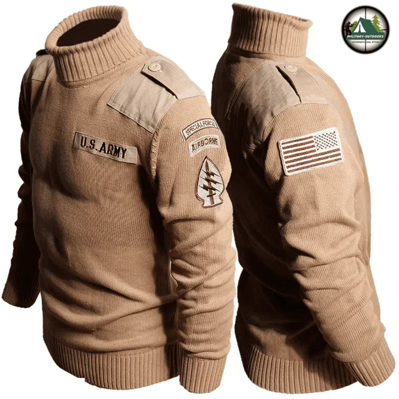 Tan Outdoor Fleece Sweater with Shoulder Patches for Warmth