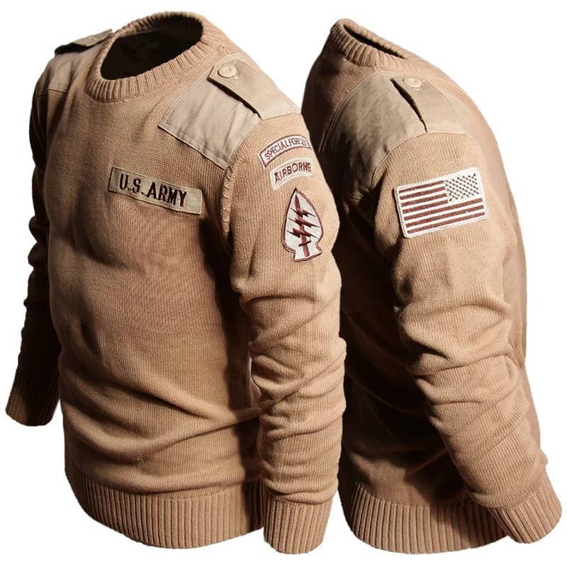 Tan outdoor fleece sweater with military insignia and shoulder patches