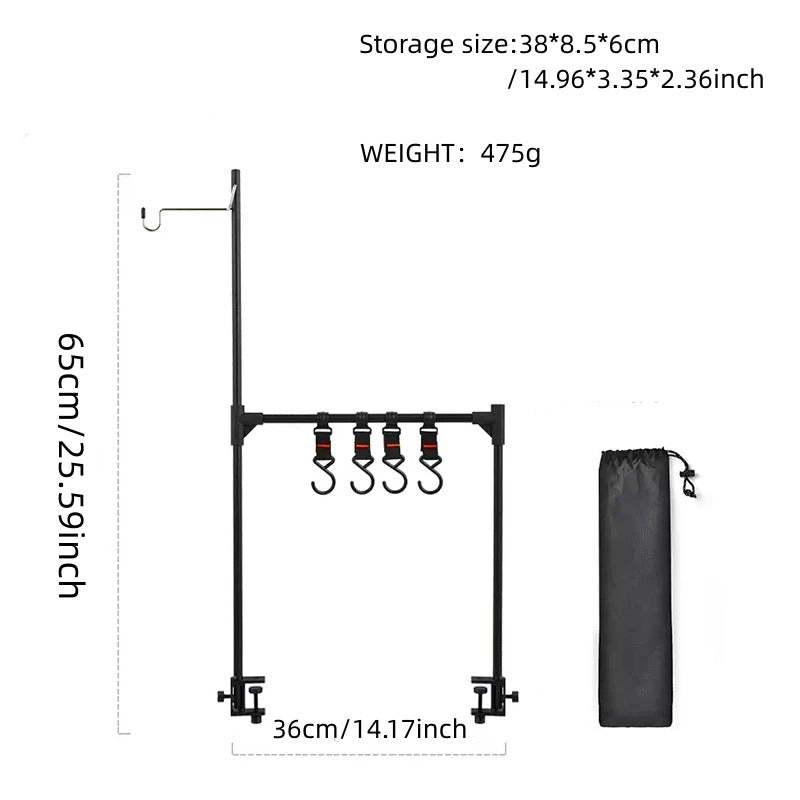 Portable outdoor hanging rack with hooks for camping gear, lightweight at 475g and easy to store