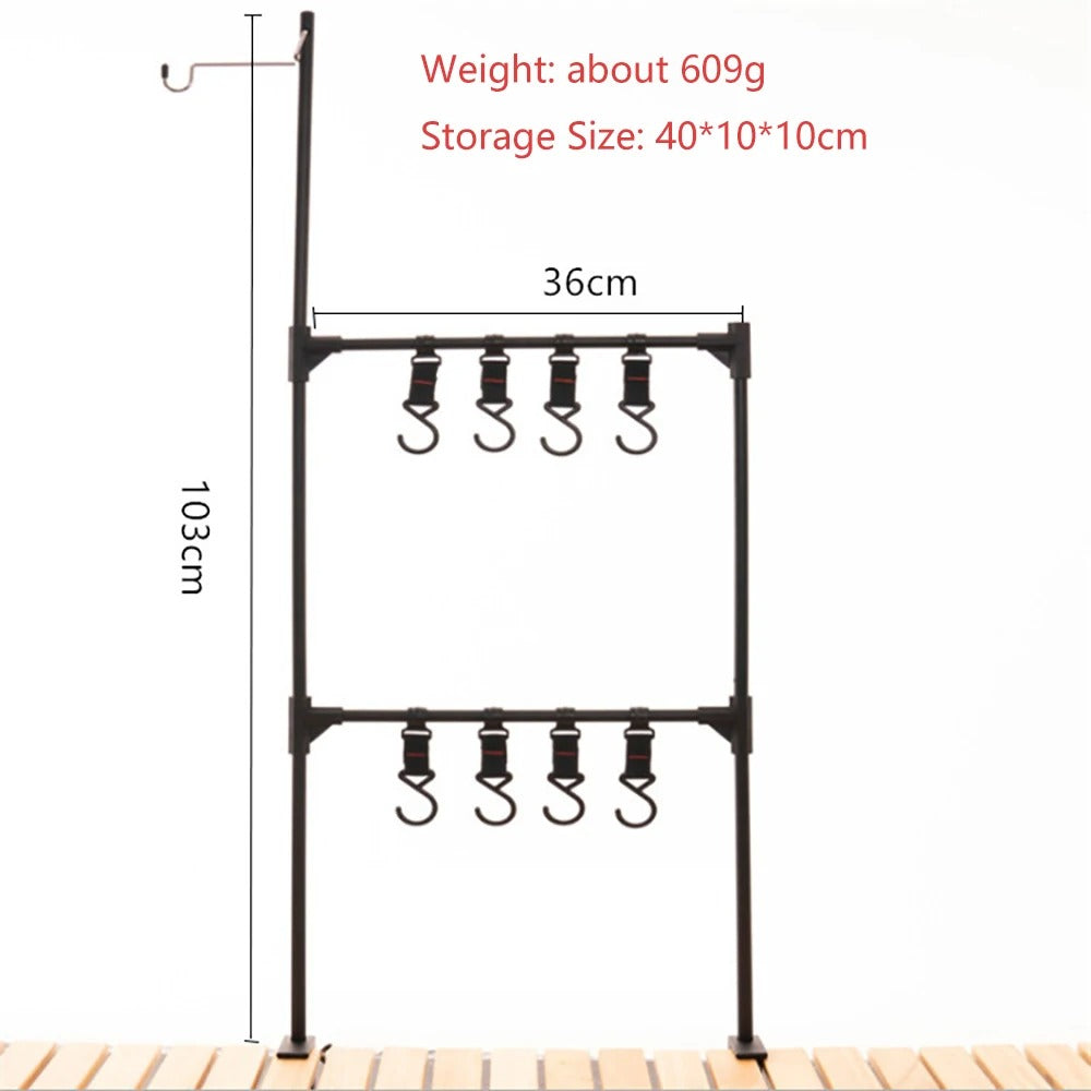 Metal outdoor hanging rack with multiple hooks for camping gear and accessories storage