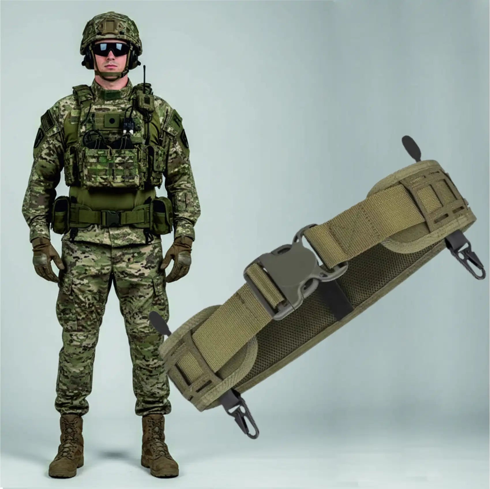 Person in military uniform with tactical belt on a gray background