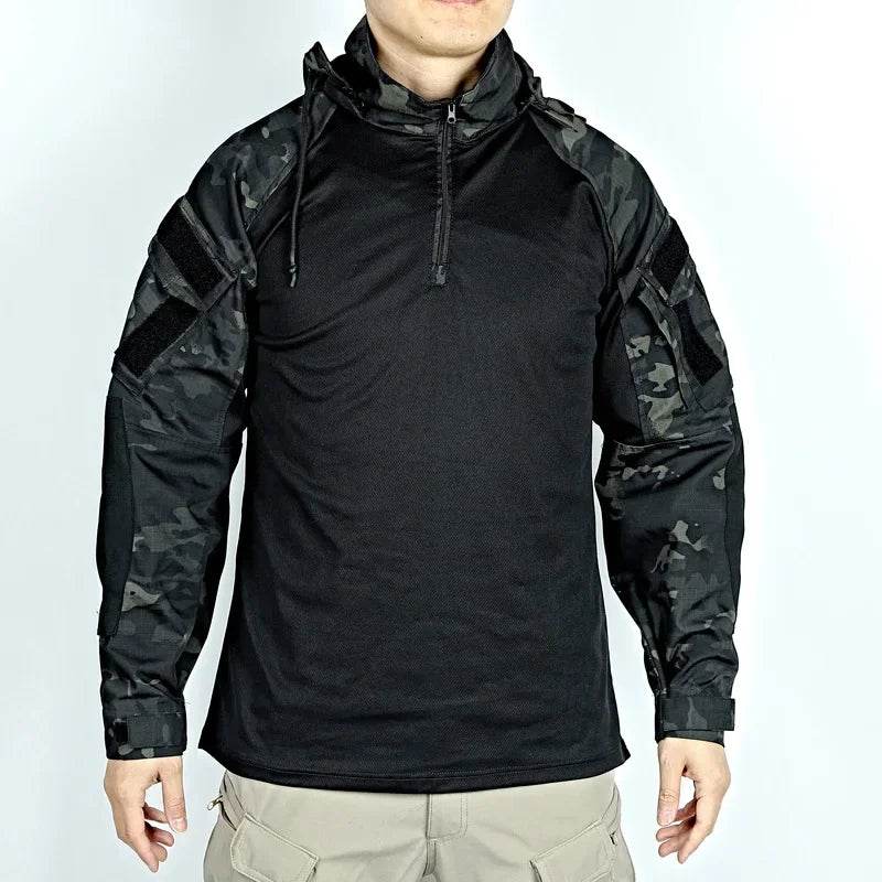 T-Shirt in black with camouflage long sleeves for outdoor activities