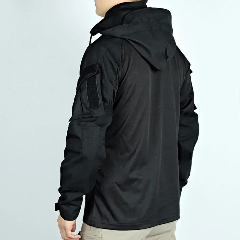 Black T-Shirt for outdoor long sleeve shirt use with adjustable hood