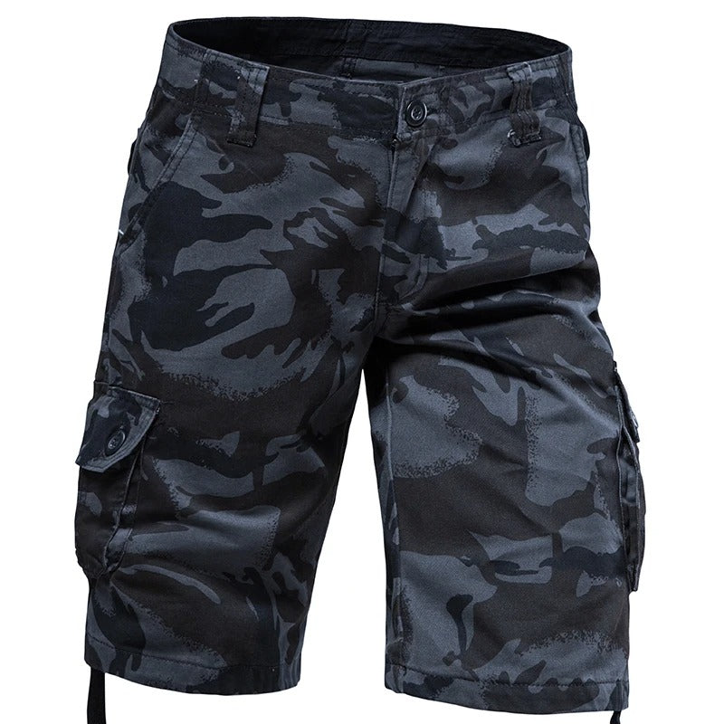 Men's outdoor military shorts in black camouflage design, perfect for rugged activities and outdoor adventures.