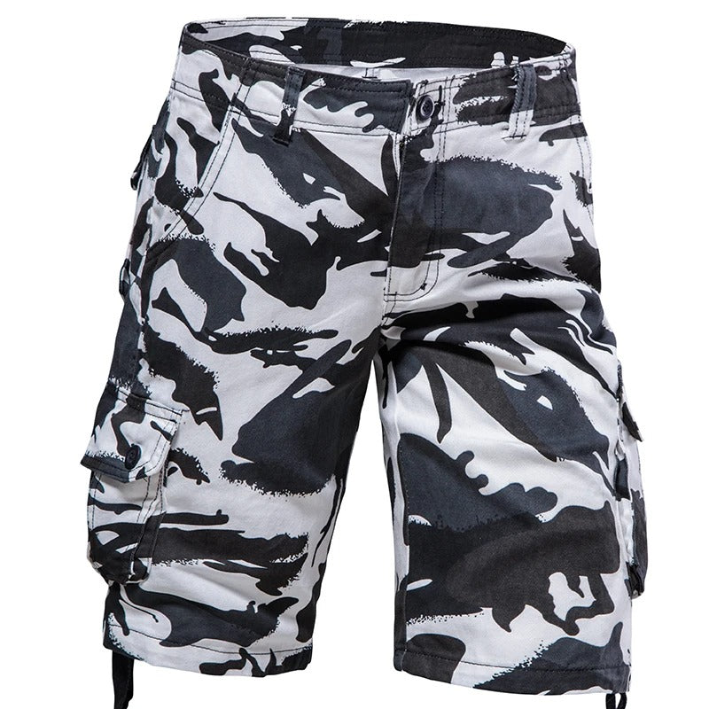 Stylish outdoor military shorts in black and white camouflage design for rugged outdoor activities
