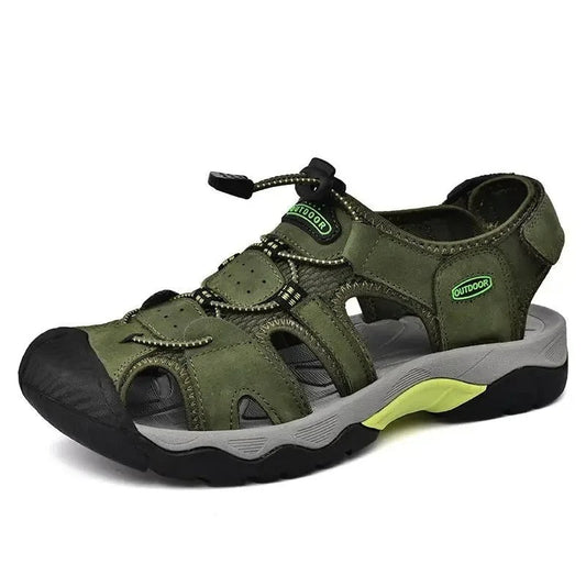 Men's military style sandals in green with adjustable straps for outdoor activities