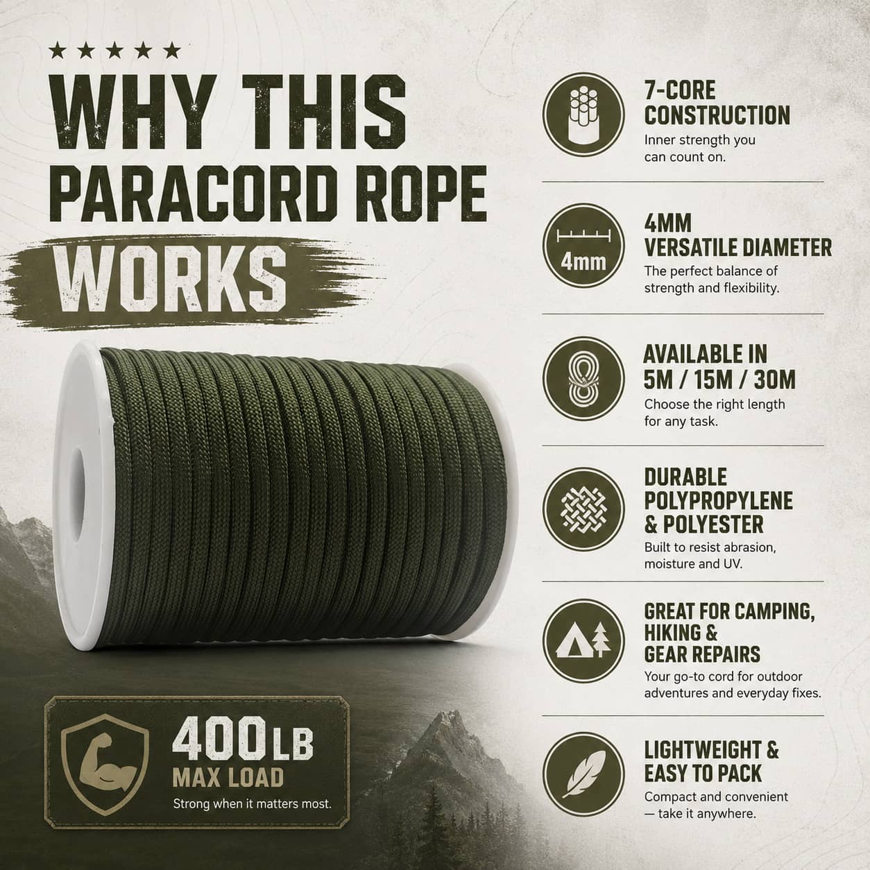 Green outdoor paracord rope with 400lb max load for camping and hiking