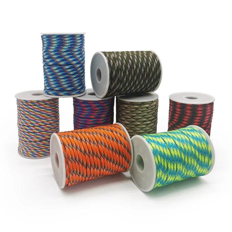 Colorful outdoor paracord rope spools for camping and survival use