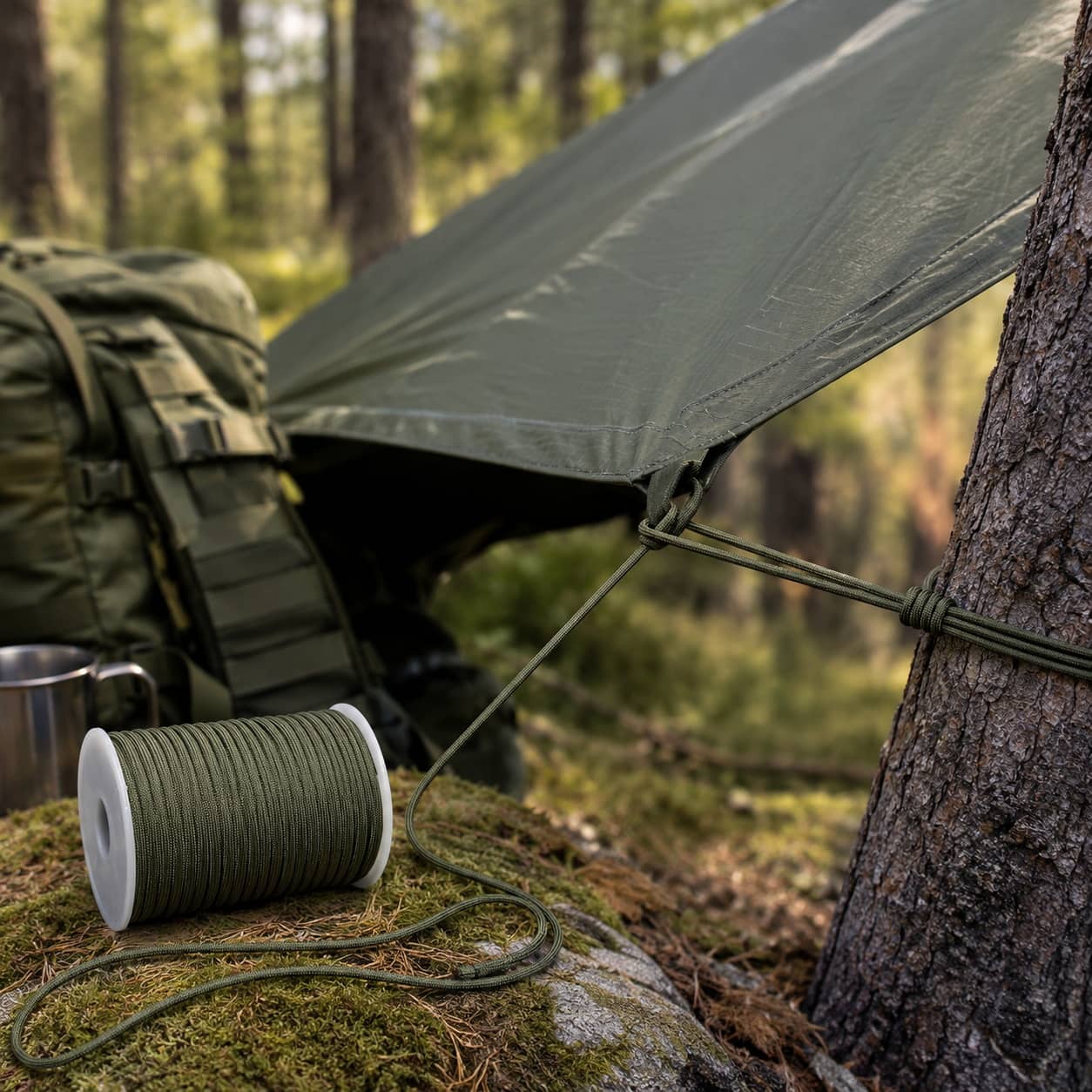 Outdoor paracord rope in green for camping and survival needs