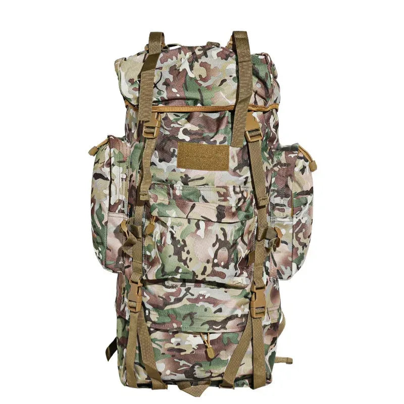 Camouflage 65L outdoor rucksack with multiple compartments for camping