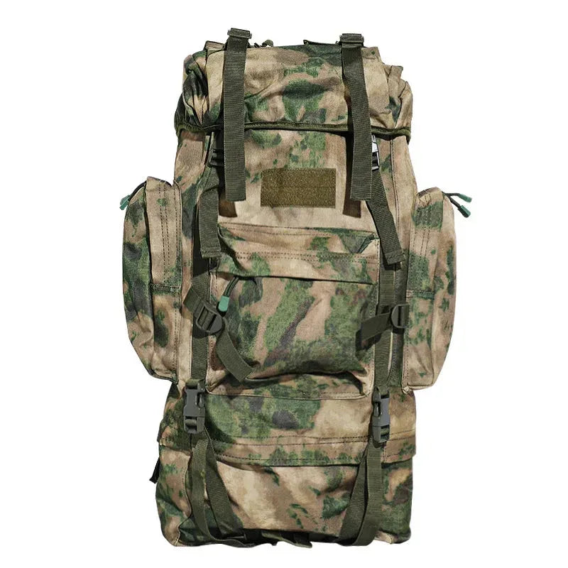 65L outdoor rucksack in camo with multiple storage pockets
