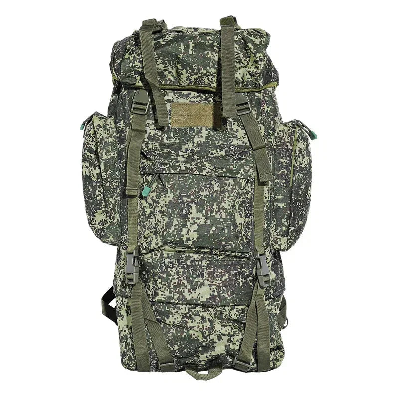 65L outdoor rucksack in digital camouflage for camping and hiking adventures