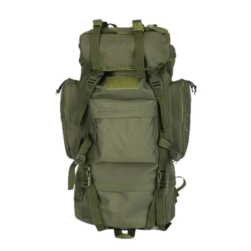 65L outdoor rucksack in green with multiple compartments for camping and hiking