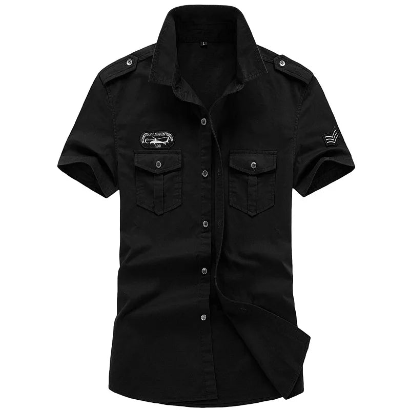 Black Military Style Outdoor Shirt with Front Pockets and Short Sleeves