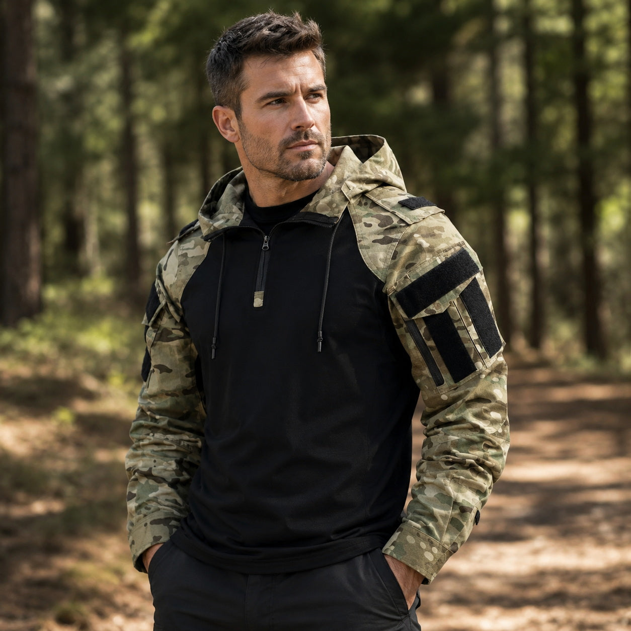 Military camouflage tactical shirt designed for outdoor activities