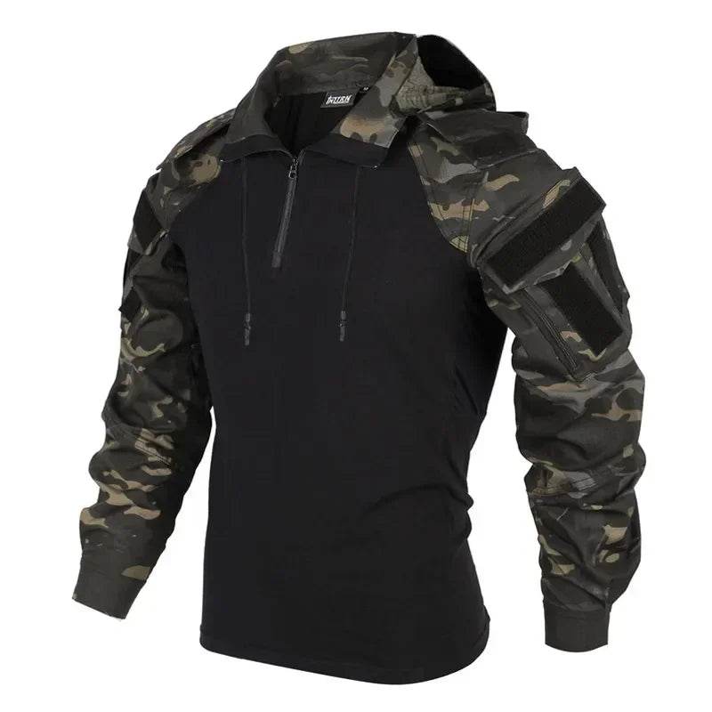 Tactical T-Shirt in black with camo sleeves, ideal outdoor shirt for rugged adventures