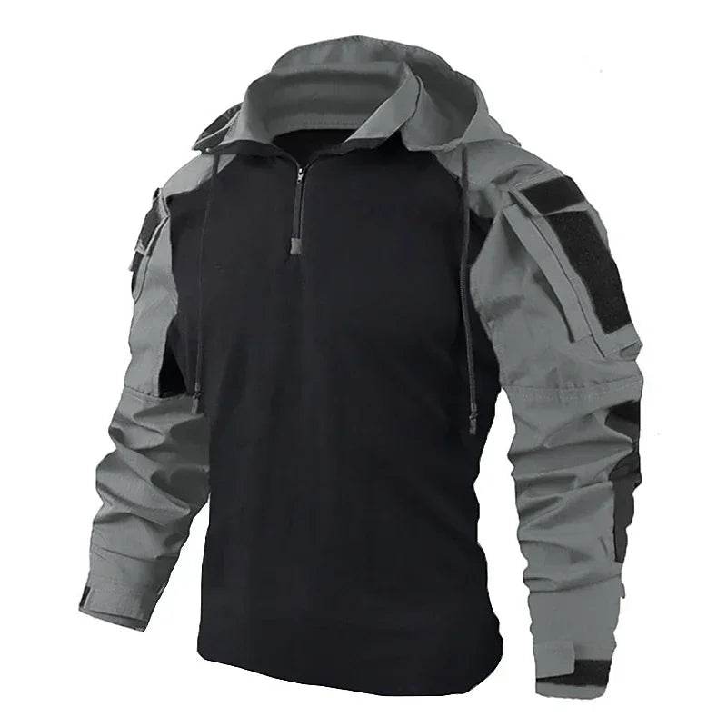 Black Tactical T-Shirt with Hood for Outdoor Activities and Durability