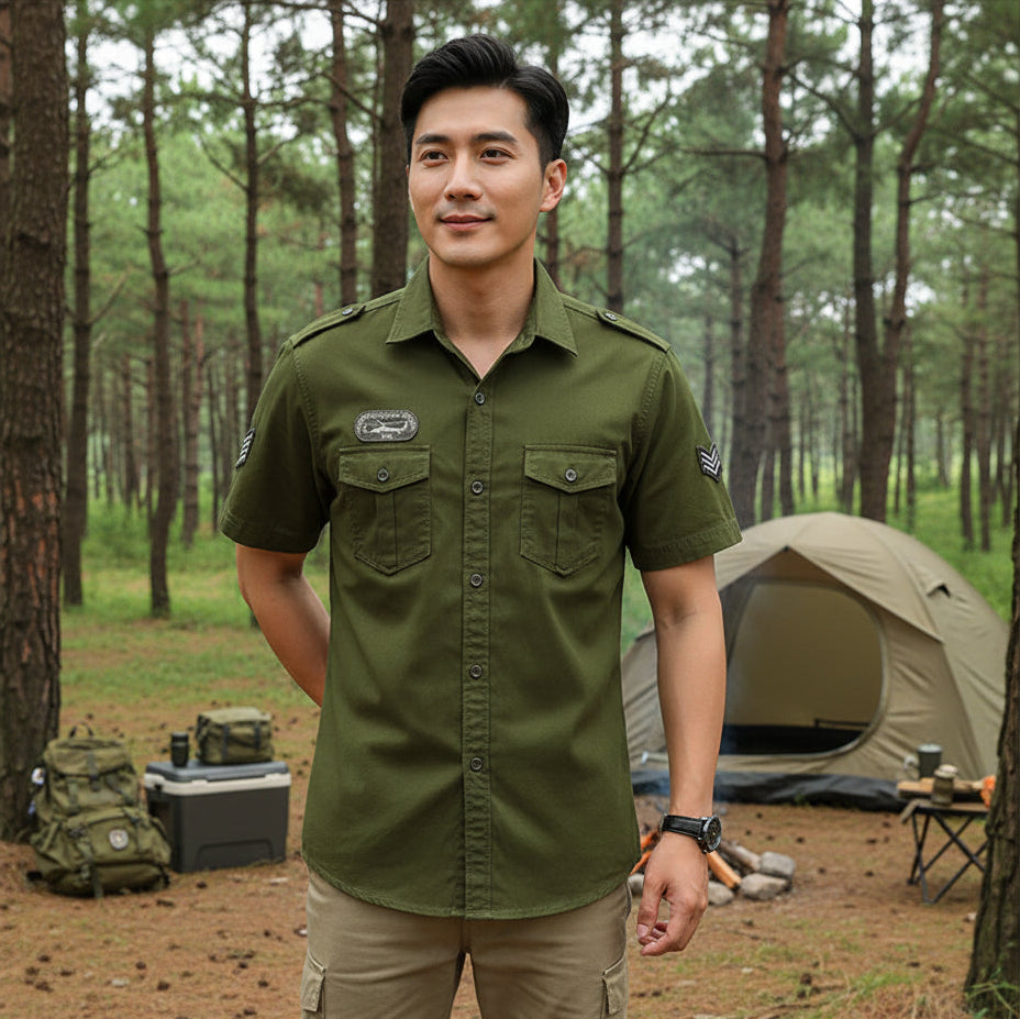 Men's Olive Green Outdoor Shirt with Multiple Pockets for Camping