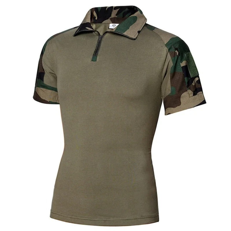 Tactical short sleeve outdoor shirt in olive green with camouflage accents for outdoor activities