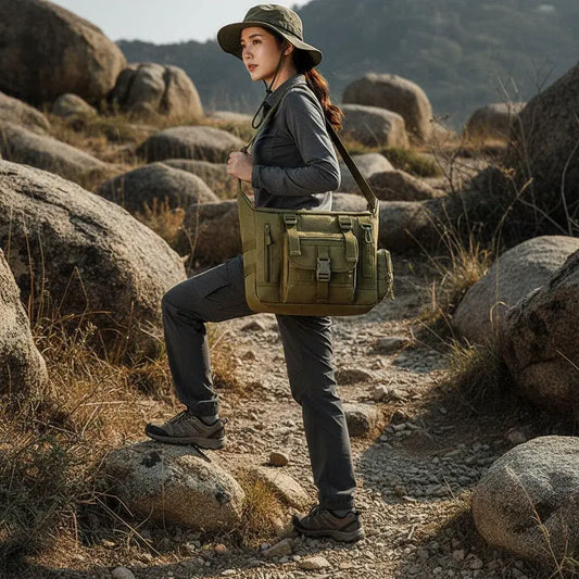 Durable Outdoor sling bag in khaki with multiple pockets and adjustable strap for outdoor use