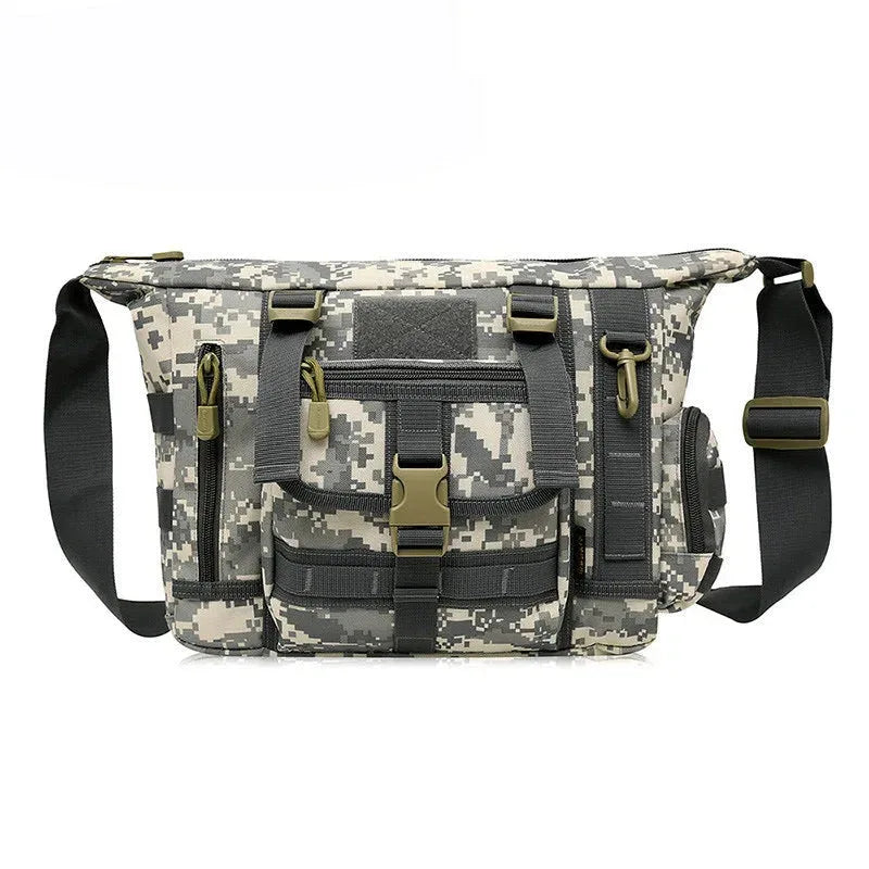 Outdoor sling bag in camo pattern with multiple pockets for outdoor activities and gear storage