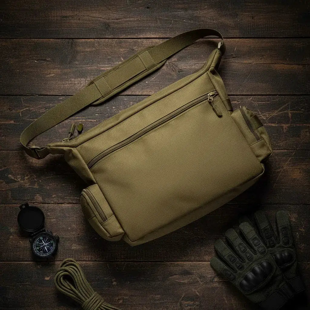 Outdoor sling bag in khaki color with adjustable strap and multiple pockets for versatile use