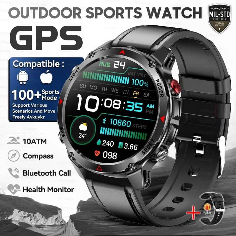 Outdoor smart GPS watch with health monitor and Bluetooth call features