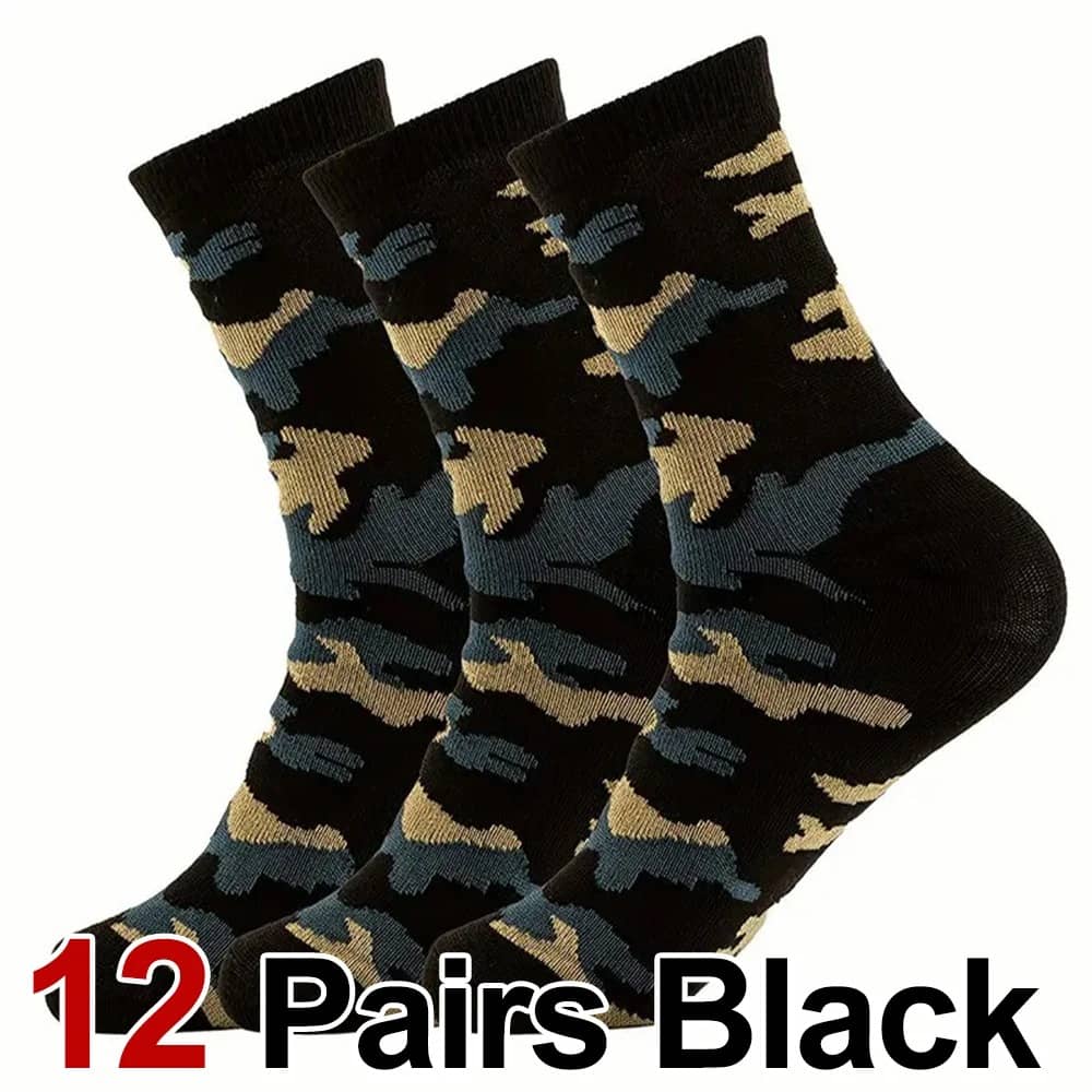 12 Pairs Black Camouflage Outdoor Socks for Comfort and Durability