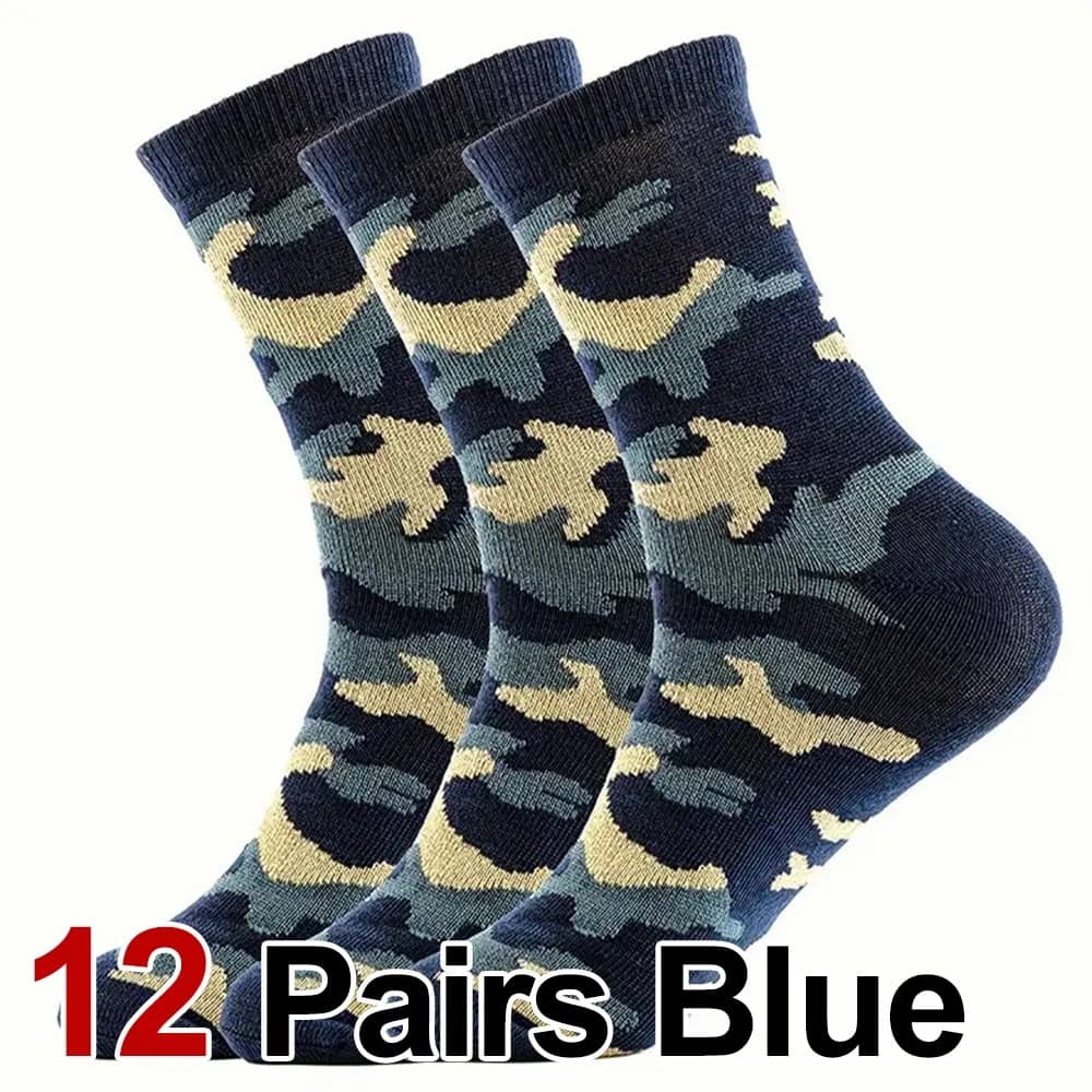 12 Pairs Blue Camo Outdoor Socks for Comfort and Durability