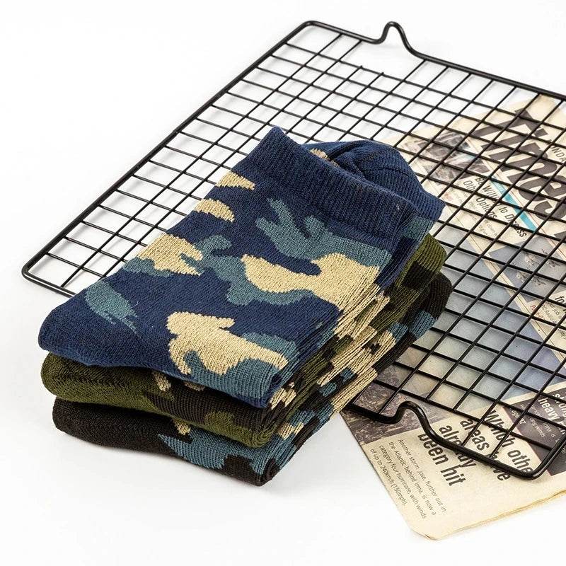 Military camo outdoor socks in blue, green, and black for rugged outdoor activities